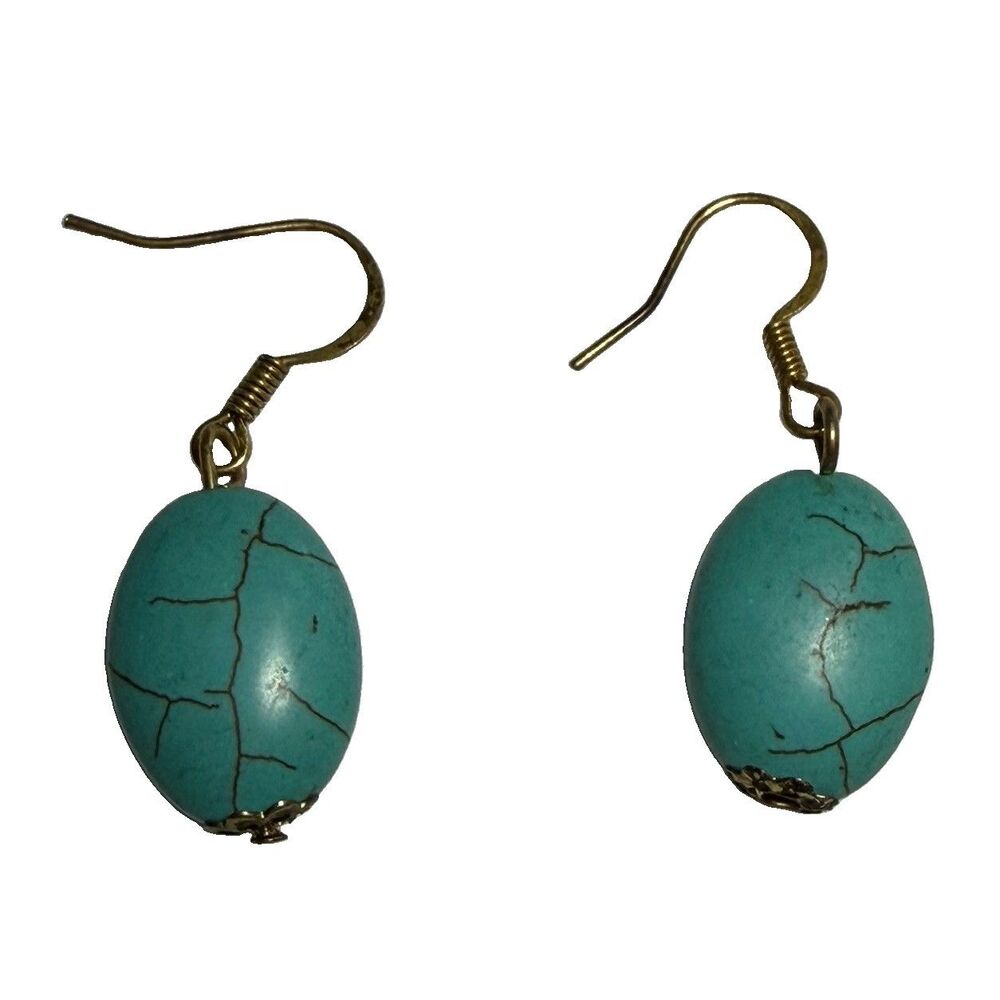 Vintage Boho Turquoise Blue Bead Dangle Earrings Brass Flower Cap Southwestern